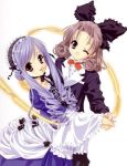  blue_hair brown_eyes curly_hair cute dancing dress hair_ribbon long_hair smile tuxedo violet_eyes winking 