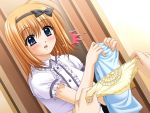  blush dutch_angle fuyou_kaede holding holding_panties nishimata_aoi official_art orange_hair panties short_hair shuffle shuffle! surprise surprised towel underwear 