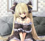   blonde_hair cleavage frilly hair_ribbon lace long_hair red_eyes sitting  