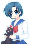  black_cat blue_eyes blue_hair cat happy luna_(sailor_moon) mani mizuno_ami school_uniform serafuku short_hair 