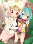  2girls :o :| animal_ears aqua_eyes aqua_hair bare_shoulders belt between_legs blonde_hair blush bow bowtie cat_ears cat_tail closed_mouth day elbow_gloves extra_ears eyebrows_visible_through_hair finger_to_cheek from_above geta gloves hair_between_eyes hand_between_legs highres hood hoodie hug kemono_friends looking_at_viewer looking_to_the_side makuran miniskirt multiple_girls outdoors print_gloves print_neckwear print_skirt sand_cat_(kemono_friends) sand_cat_print shirt sitting skirt sleeveless sleeveless_shirt sunlight tail tsuchinoko_(kemono_friends) white_neckwear yellow_eyes 