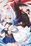  2girls akagi_(azur_lane) animal_ears azur_lane black_gloves black_hair blue_eyes blue_skirt blush breasts cleavage closed_mouth commentary_request fox_ears gloves japanese_clothes kaga_(azur_lane) long_hair looking_at_viewer medium_breasts multiple_girls pleated_skirt red_eyes short_hair skirt smile white_hair wide_sleeves yano_mitsuki 