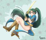 1girl artist_name boots dress earrings fingerless_gloves fire_emblem fire_emblem:_rekka_no_ken floral_background full_body gloves green_eyes green_hair ippers jewelry long_hair looking_at_viewer lyndis_(fire_emblem) pelvic_curtain ponytail side_slit signature smile solo sword weapon 