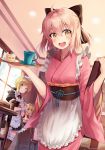  3girls :d ahoge alternate_costume artist_name artoria_pendragon_(all) black_bow blonde_hair blush bow breasts brown_legwear cake choker cleavage closed_mouth coffee coffee_mug commentary_request enmaided eyebrows_visible_through_hair fate/extra fate/grand_order fate/stay_night fate_(series) food gloves green_eyes hair_bow hand_on_own_cheek highres japanese_clothes koha-ace looking_at_viewer looking_to_the_side maid maid_headdress medium_breasts multiple_girls nero_claudius_(fate) nero_claudius_(fate)_(all) nonono okita_souji_(fate) open_mouth saber short_hair smile standing thigh-highs white_gloves yellow_eyes zettai_ryouiki 