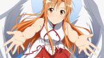  1girl angel_wings asuna_(sao) blue_background breasts brown_eyes brown_hair feathered_wings floating_hair highres long_hair looking_at_viewer medium_breasts miniskirt outstretched_arms pleated_skirt red_skirt skirt sleeveless smile solo sword_art_online very_long_hair white_wings wings 