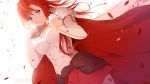  1girl artist_name bangs blue_eyes blush boudica_(fate/grand_order) breasts cape cleavage cleavage_cutout closed_mouth cowboy_shot dutch_angle fate/grand_order fate_(series) floating_hair fur_trim leather long_hair long_sleeves looking_at_viewer medium_breasts motion_blur petals pixiv_id red_cape red_skirt redhead rimuu simple_background skirt smile standing tareme watermark web_address white_background wind 