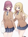  2girls bag blonde_hair blue_eyes blue_neckwear blue_skirt grocery_bag highres itsumi_(itumiyuo) miyanaga_teru multiple_girls oohoshi_awai plaid plaid_skirt purple_hair saki school_uniform shopping_bag skirt standing violet_eyes 