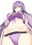  1girl amisu bangs bikini blunt_bangs breasts closed_mouth crescent crescent_hair_ornament from_below hair_ornament large_breasts long_hair navel patchouli_knowledge purple_bikini purple_hair simple_background solo stomach swimsuit touhou violet_eyes white_background 