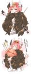  2girls :&gt; :&lt; bird_wings blush circe_(fate) circlet comic commentary_request fate/grand_order fate_(series) feathered_wings feathers flying_sweatdrops fujimaru_ritsuka_(female) heart highres hug mirui multiple_girls orange_hair pink_eyes pink_hair short_hair side_ponytail smile translation_request wing_hug wings 
