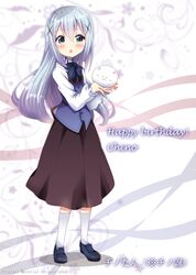  1girl angora_rabbit animal bangs black_skirt blue_eyes blue_footwear blue_neckwear blue_vest blush bow bowtie character_name chestnut_mouth collared_shirt commentary_request eyebrows_visible_through_hair gochuumon_wa_usagi_desu_ka? hair_between_eyes happy_birthday highres holding holding_animal kafuu_chino kneehighs kohakugin loafers long_sleeves looking_at_viewer parted_lips rabbit rabbit_house_uniform shirt shoes silver_hair skirt tippy_(gochiusa) translated uniform vest waitress white_legwear white_shirt 