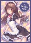  1girl alternate_costume apron blush brown_eyes brown_hair character_name copyright_name enmaided from_side holding holding_spoon long_hair looking_at_viewer maid maid_apron ribbon-trimmed_dress sakura_shiho_(shihoncake) smile solo to_love-ru yuuki_mikan 