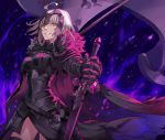  1girl ahoge armor banner cape fate/grand_order fate_(series) fur_trim jeanne_d&#039;arc_(alter)_(fate) jeanne_d&#039;arc_(fate)_(all) pokimari short_hair silver_hair smile solo sword weapon yellow_eyes 