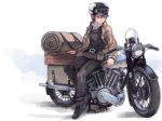  1girl bedroll belt_pouch coat cup fur_hat goggles goggles_on_headwear ground_vehicle hat hermes highres kino kino_no_tabi motor_vehicle motorcycle reverse_trap short_hair sitting suitcase tomboy white_background window1228 