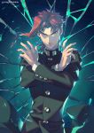  1boy artist_name closed_mouth crossed_arms earrings fingernails green_jacket hierophant_green highres jacket jewelry jojo_no_kimyou_na_bouken kakyouin_noriaki kotatsu_(g-rough) light_frown long_sleeves looking_at_viewer male_focus redhead serious short_hair_with_long_locks solo stand_(jojo) standing stardust_crusaders upper_body v-shaped_eyebrows yellow_eyes 