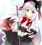  1girl azur_lane bangs belt_buckle black_cape black_skirt blunt_bangs blush bow bowtie brown_belt buckle cape center_frills closed_mouth commentary_request dutch_angle erebus_(azur_lane) eyebrows_visible_through_hair frilled_gloves frills gloves holding hood horns long_hair looking_at_viewer maccha multiple_belts polearm puffy_short_sleeves puffy_sleeves red_eyes red_neckwear shirt short_sleeves skirt solo torn_cloak trident weapon white_gloves white_hair white_shirt 