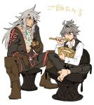  2boys ahoge bangs black_jacket black_pants boots bowl brown_footwear brown_gloves commentary dark_skin eating eyebrows_visible_through_hair fate/apocrypha fate_(series) food gloves green_eyes hair_between_eyes hair_over_one_eye hand_on_leg holding holding_bowl holding_spoon jacket legs_crossed long_hair long_pants long_sleeves looking_at_another male_focus mine_(odasol) multiple_boys open_clothes open_jacket pants red_eyes saber_of_black scar shirt short_hair sieg_(fate/apocrypha) silver_hair sitting spoon spoon_in_mouth thigh-highs thigh_boots waistcoat white_shirt yaoi 