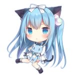  1girl amashiro_natsuki animal_ears bangs black_bow black_legwear blue_eyes blue_hair blue_neckwear blush bow bowtie cat_ears cat_girl cat_tail chibi collared_shirt commentary_request eyebrows_visible_through_hair frilled_skirt frills full_body hair_between_eyes hair_bobbles hair_bow hair_ornament long_hair long_sleeves looking_at_viewer object_hug original parted_lips shirt simple_background skirt socks solo striped striped_bow striped_neckwear stuffed_animal stuffed_cat stuffed_toy tail two_side_up very_long_hair white_background white_bow white_shirt white_sleeves 