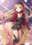  1girl :o aura bangs black_legwear black_leotard blonde_hair blush boots breasts cape detached_collar earrings ereshkigal_(fate/grand_order) eyebrows_visible_through_hair fate/grand_order fate_(series) glint hair_ribbon high_heel_boots high_heels holding holding_weapon hsiao jewelry leg_up leotard long_hair long_sleeves looking_at_viewer looking_to_the_side motion_blur night night_sky open_mouth outdoors parted_bangs petals red_cape red_eyes red_ribbon ribbon single_detached_sleeve single_thighhigh skull sky small_breasts solo standing standing_on_one_leg tareme thigh-highs thighs tiara tohsaka_rin two_side_up very_long_hair weapon 