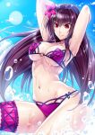  1girl absurdres arched_back arms_behind_head bikini breasts cleavage day fate/grand_order fate_(series) flower hair_flower hair_ornament hibiscus highres imada_kozue large_breasts lens_flare long_hair looking_down navel purple_hair red_eyes scathach_(fate/grand_order) scathach_(swimsuit_assassin)_(fate) sky smile solo swimsuit thigh_strap under_boob very_long_hair water wet 