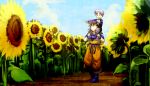  2boys :o black_eyes black_hair blue_eyes boots carrying clouds day dougi dragon_ball dragonball_z eyebrows_visible_through_hair field flower happy looking_away male_focus multiple_boys neko_ni_chikyuu pointing purple_hair short_hair sky smile son_gohan sunflower trunks_(dragon_ball) 