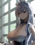  1girl azur_lane belfast_(azur_lane) blue_eyes blush braid breasts chains cleavage closed_mouth collar french_braid hayabusa large_breasts long_hair looking_at_viewer maid maid_headdress silver_hair smile solo upper_body 