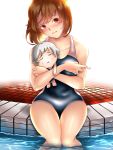  1girl ame_(memory_a) bare_arms bare_shoulders blush breasts brown_eyes brown_hair collarbone commentary_request competition_swimsuit eyebrows_visible_through_hair head_tilt highres hug looking_at_viewer medium_breasts one-piece_swimsuit original pool poolside school_swimsuit short_hair sitting soaking_feet stuffed_toy swimsuit water wet 
