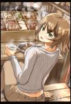  1girl bench blurry blurry_background blush breasts brown_hair butt_crack casual cup eyebrows_visible_through_hair food green_eyes highres holding holding_cup kantai_collection khakis large_breasts looking_at_viewer mutsu_(kantai_collection) oden open_mouth pants ribbed_sweater seitei_(04seitei) short_hair signature sitting sketch smile solo sweater table 