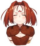  1girl armlet blush brown_hair china_dress chinese_clothes cleavage_cutout closed_eyes dress facial_mark fate/grand_order fate_(series) forehead_mark kei_(soundcross) nezha_(fate) twintails 
