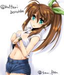  1girl bangs blue_shorts brown_hair cowboy_shot cutoffs dasuto denim denim_shorts dutch_angle fuuka_reventon green_eyes hair_ribbon long_hair looking_at_viewer lyrical_nanoha navel parted_lips ponytail ribbon shirt shirt_lift short_shorts shorts sidelocks sleeves_rolled_up solo standing sweat sweat_stain sweating twitter_username vivid_strike! wet wet_clothes wet_shirt white_shirt wristband 