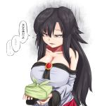  1girl animal_ears bandage bare_shoulders black_hair breasts cleavage ears_down hair_between_eyes imaizumi_kagerou large_breasts long_hair long_sleeves lunchbox red_eyes solo touhou translated wolf_ears xialu_zajin 