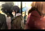  1girl black_hair braid coat kantai_collection kiritsuki_(crux) kitakami_(kantai_collection) lights road scarf school_uniform serafuku snowing solo_focus street waiting winter_clothes winter_coat 