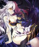  1girl breasts cleavage demon_horns glowing hair_over_one_eye hel_(p&amp;d) highres horns large_breasts looking_at_viewer multicolored_hair navel pink_hair puzzle_&amp;_dragons silver_hair sitting solo suoni_(deeperocean) two-tone_hair yellow_eyes 