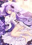  1girl absurdres ahoge ass azur_lane bangs barefoot bed bedroom black_bow blush bow breasts chinchongcha dress full_body highres long_hair looking_at_viewer lying on_side pillow purple_hair shiny solo sparkle unicorn_(azur_lane) very_long_hair violet_eyes wavy_hair white_dress 