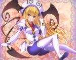  1girl :o bat_wings blonde_hair blush cosplay demon_tail hat highres konjiki_no_yami lala_satalin_deviluke lala_satalin_deviluke_(cosplay) leotard long_hair looking_at_viewer necktie red_eyes shinki_(user_srrn2727) short_necktie solo tail to_love-ru to_love-ru_darkness very_long_hair wings 