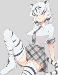  1girl animal_ears animal_print black_hair blue_eyes breasts gloves grey_background kemono_friends large_breasts looking_at_viewer multicolored_hair necktie plaid plaid_neckwear plaid_skirt shirt short_hair simple_background sitting skirt solo striped_tail tail thigh-highs tiger_ears tiger_tail white_hair white_tiger_(kemono_friends) white_tiger_print yuukagen_(poipoipopoino) 