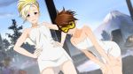  2girls ;) blonde_hair blue_eyes blue_sky breasts brown_hair cleavage collarbone day dutch_angle hair_between_eyes hair_ornament hands_on_hips hands_on_lap high_ponytail highres leaning_forward looking_at_viewer mercy_(overwatch) mount_fuji multiple_girls naked_towel one_eye_closed overwatch shiny shiny_skin short_hair sky small_breasts smile standing towel tracer_(overwatch) white_towel 