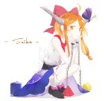  1girl bangs belt blush bow bowtie buttons chains closed_mouth cuffs eyebrows_visible_through_hair gourd hair_bow hand_on_hip highres holding horn_bow horns ibuki_suika looking_at_viewer multicolored o_(crazyoton46) orange_hair purple_bow red_bow red_neckwear shackles shirt short_hair sidelocks sleeveless solo touhou white_shirt wristband yellow_eyes 
