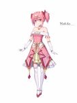  1girl alternate_costume arms_at_sides bangs bare_shoulders bow character_name circlet closed_mouth collarbone dress du_mogu elbow_gloves eyebrows_visible_through_hair full_body gem gloves hair_bow highres jewelry kaname_madoka layered_dress looking_at_viewer mahou_shoujo_madoka_magica necklace off-shoulder_dress off_shoulder pink_dress pink_hair red_bow red_eyes red_footwear short_hair simple_background smile solo standing tareme thigh-highs two_side_up whishoes white_background white_gloves zettai_ryouiki 