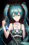  1girl aaeru ahoge aqua_eyes aqua_hair black_background breasts choker cleavage collarbone colored_eyelashes copyright_name dress eyebrows_visible_through_hair green_dress hair_between_eyes hatsune_miku highres holding holding_microphone long_hair looking_down microphone microphone_stand sleeveless sleeveless_dress small_breasts smile solo standing twintails upper_body very_long_hair vocaloid 