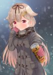  1girl :3 adjusting_scarf alternate_costume backlighting bangs black_coat black_scarf blonde_hair blush can closed_mouth coat duffel_coat eyebrows_visible_through_hair foreshortening gloves hair_flaps hair_ribbon hand_up highres kantai_collection light_particles long_hair long_sleeves looking_at_viewer noeru_(gt17854) outstretched_arm pink_gloves pocket pov red_eyes red_ribbon remodel_(kantai_collection) ribbon scarf shiny shiny_hair smile soda_can straight_hair tareme upper_body winter_clothes winter_coat yuudachi_(kantai_collection) 