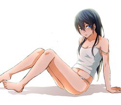  1girl arm_support artist_request bare_shoulders barefoot black_hair blue_eyes breasts cleavage collarbone free! genderswap genderswap_(mtf) hair_between_eyes long_hair looking_at_viewer midriff nanase_haruka_(free!) navel panties parted_lips shadow simple_background sitting solo strap_slip tank_top underwear white_background white_panties 