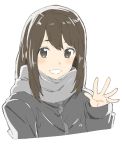  1girl :d absurdres bangs blush brown_eyes brown_hair cropped_torso donguri_suzume grey_jacket grey_scarf highres jacket long_hair long_sleeves open_mouth original scarf simple_background smile solo waving white_background 