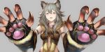  1girl animal_ears breasts claw_(weapon) claws collar erun_(granblue_fantasy) fang granblue_fantasy grey_background hair_between_eyes long_hair looking_at_viewer medium_breasts open_mouth red_eyes sen_(granblue_fantasy) silver_hair simple_background sola_(solo0730) solo weapon 