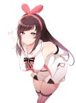  1girl a.i._channel arms_behind_back bare_shoulders black_eyes blush bow breasts brown_hair hairband heart heart-shaped_pupils kizuna_ai large_breasts leaning_forward long_hair looking_at_viewer pocari_sweat_(artist) smile solo standing symbol-shaped_pupils thigh-highs zettai_ryouiki 