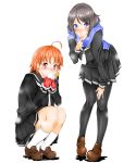  2girls ahoge blue_eyes blush coat cold gloves grey_hair looking_at_viewer love_live! love_live!_sunshine!! orange_hair pink_eyes ribbon scarf school_uniform short_hair takami_chika watanabe_you 