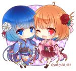  2girls :o ;d ahoge bangs black_gloves blue_eyes blue_hair blue_kimono blush boots bow breasts brown_footwear character_request chibi commentary_request eyebrows_visible_through_hair flower frilled_skirt frilled_sleeves frills gloves hair_between_eyes hair_flower hair_ornament japanese_clothes kimono light_brown_hair long_sleeves looking_at_viewer medium_breasts multicolored_hair multiple_girls obi one_eye_closed open_mouth parted_lips pink_bow pink_kimono pink_ribbon pleated_skirt purple_skirt red_eyes red_flower ribbon saitou_chiwa sash shironeko_project short_kimono skirt smile standing standing_on_one_leg striped striped_bow striped_ribbon twitter_username two-tone_hair upper_teeth white_flower wide_sleeves yukiyuki_441 