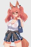  1girl absurdres animal_ears bag bra breasts bubble_blowing cleavage clothes_around_waist commentary ehrrr fate/extra fate/grand_order fate_(series) fox_ears fox_tail glasses highres large_breasts looking_at_viewer pink_bra pink_hair pleated_skirt red-framed_eyewear school_uniform see-through semi-rimless_eyewear shirt skirt sleeves_rolled_up solo standing sweater_around_waist tail tamamo_(fate)_(all) tamamo_no_mae_(fate) underwear uniform white_shirt yellow_eyes 