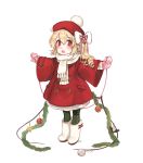  1girl :o absurdres bangs beret blonde_hair blush boots bow christmas_ornaments coat commentary_request eyebrows_visible_through_hair fangs flandre_scarlet green_legwear hair_between_eyes hair_bow hat highres long_hair long_sleeves looking_at_viewer mittens outstretched_arms pantyhose parted_lips pink_mittens pocket rabbit red_coat red_eyes red_hat scarf shan side_ponytail simple_background solo spread_arms standing star touhou white_background white_bow white_footwear white_scarf wide_sleeves younger 
