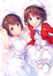  2girls bangs beret breasts brown_eyes brown_hair dress hat katou_megumi looking_at_viewer medium_breasts multiple_girls neck_ribbon ribbon saenai_heroine_no_sodatekata seiyuu seiyuu_connection short_hair sora_from_france thigh-highs white_dress white_legwear yasuno_kiyono 