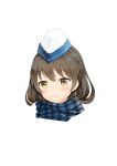  1girl absurdres blue_scarf blush brown_hair closed_mouth eyebrows_visible_through_hair hat highres looking_at_viewer original scarf short_hair sketch smile solo upper_body white_hat yellow_eyes yi_zhi_bai_bo 